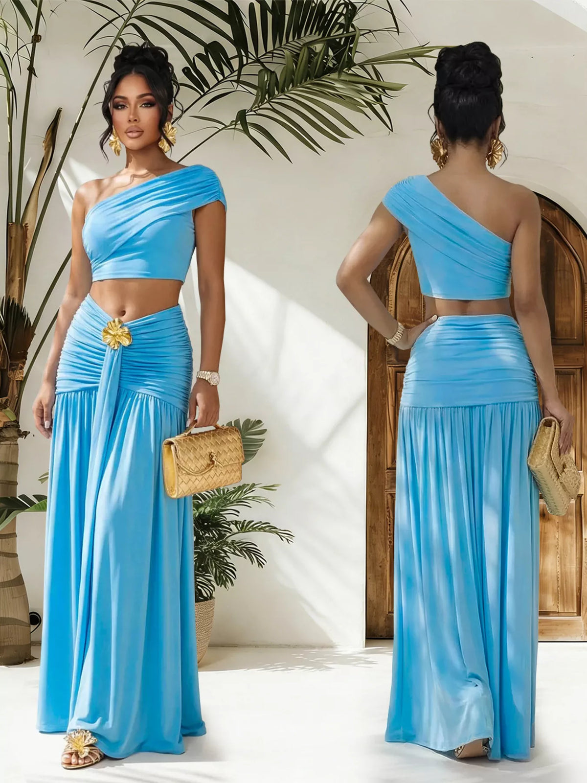 One-shoulder Top Ruched Maxi Skirt Set (6)