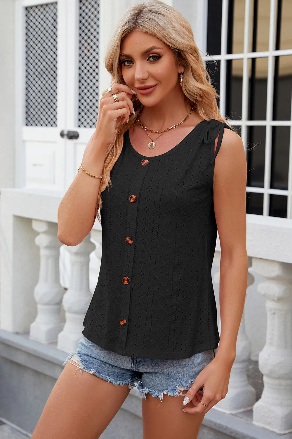 Eyelet Round Neck Wide Strap Tank (14)