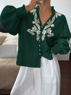 Embroidered Notched Long Sleeve Blouse (16)
