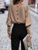 Back Button Lantern Sleeve Blouse (8)