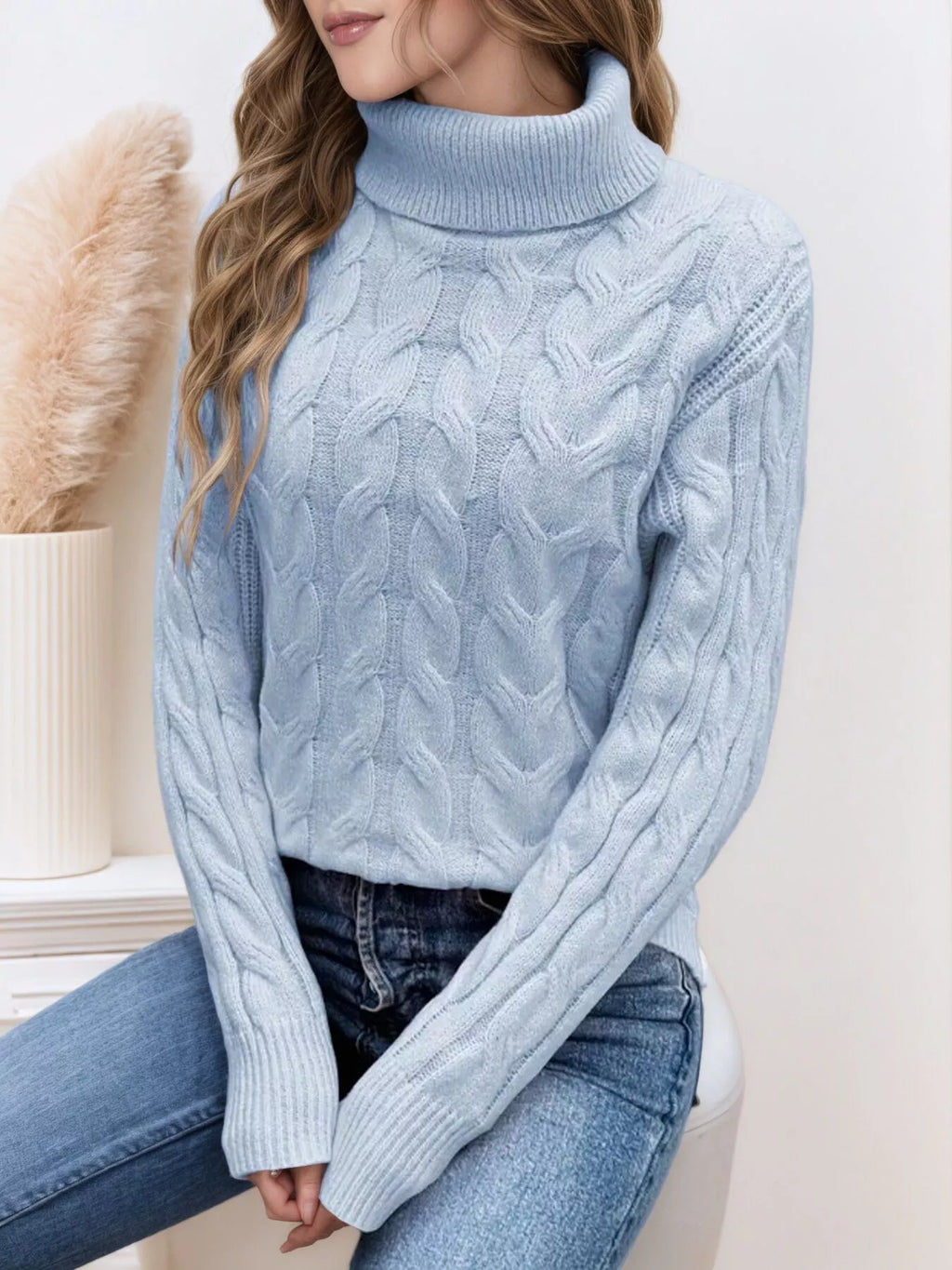 Cable Knit Turtleneck Long Sleeve Sweater (3)