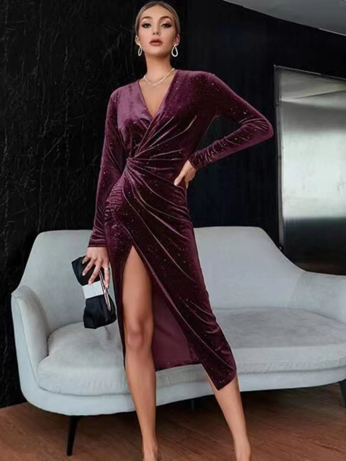 Velvet Ruched Slit Midi Dress (13)