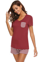 Striped Short Sleeve Top Shorts Lounge Set (17)