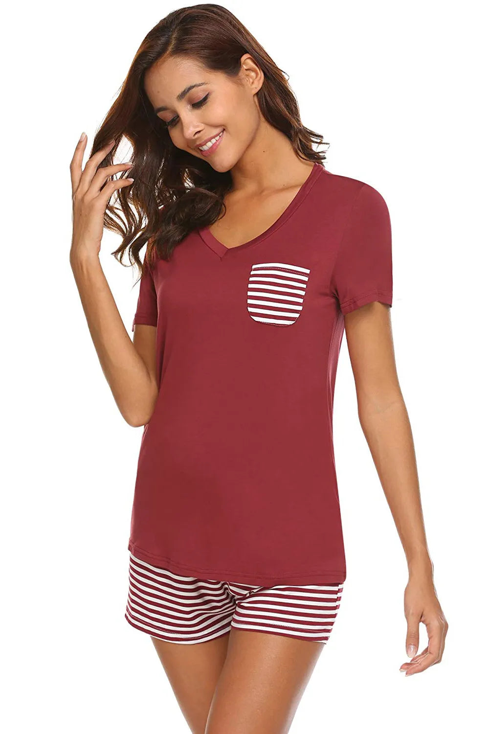 Striped Short Sleeve Top Shorts Lounge Set (17)