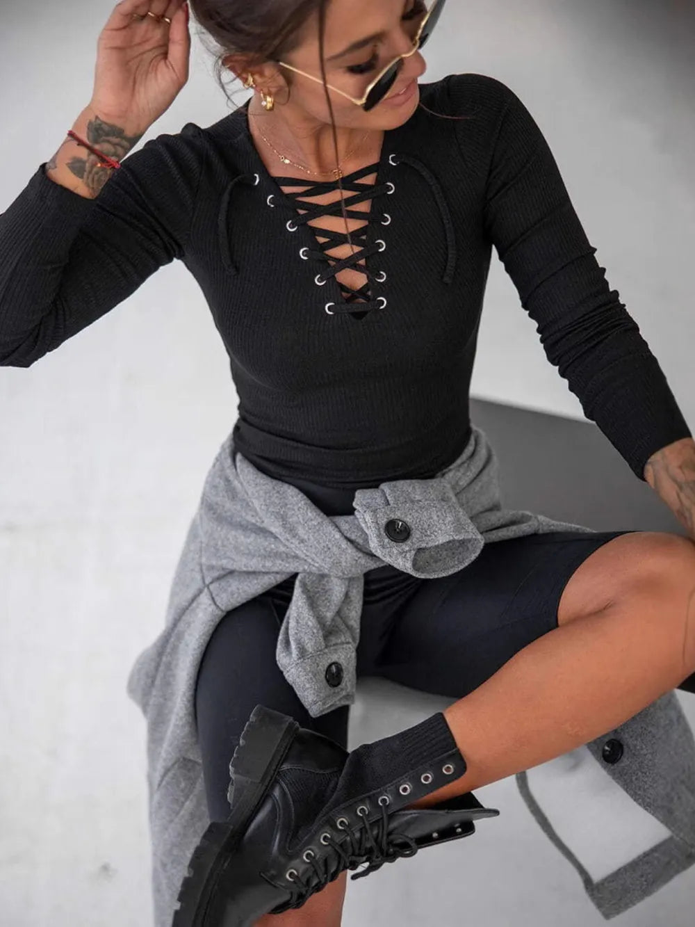 Lace Up Long Sleeve T-shirt (4)