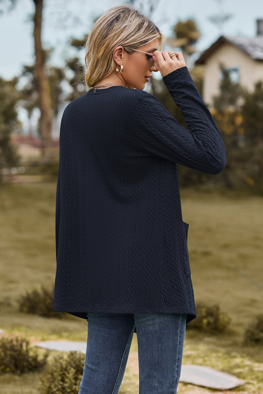 Cable-knit Long Sleeve Cardigan Pocket (7)