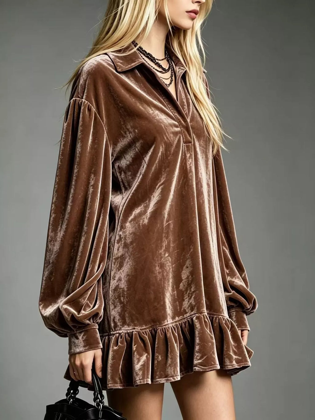 Full Size Velvet Ruffled Hem Long Sleeve Dress Plus (5)