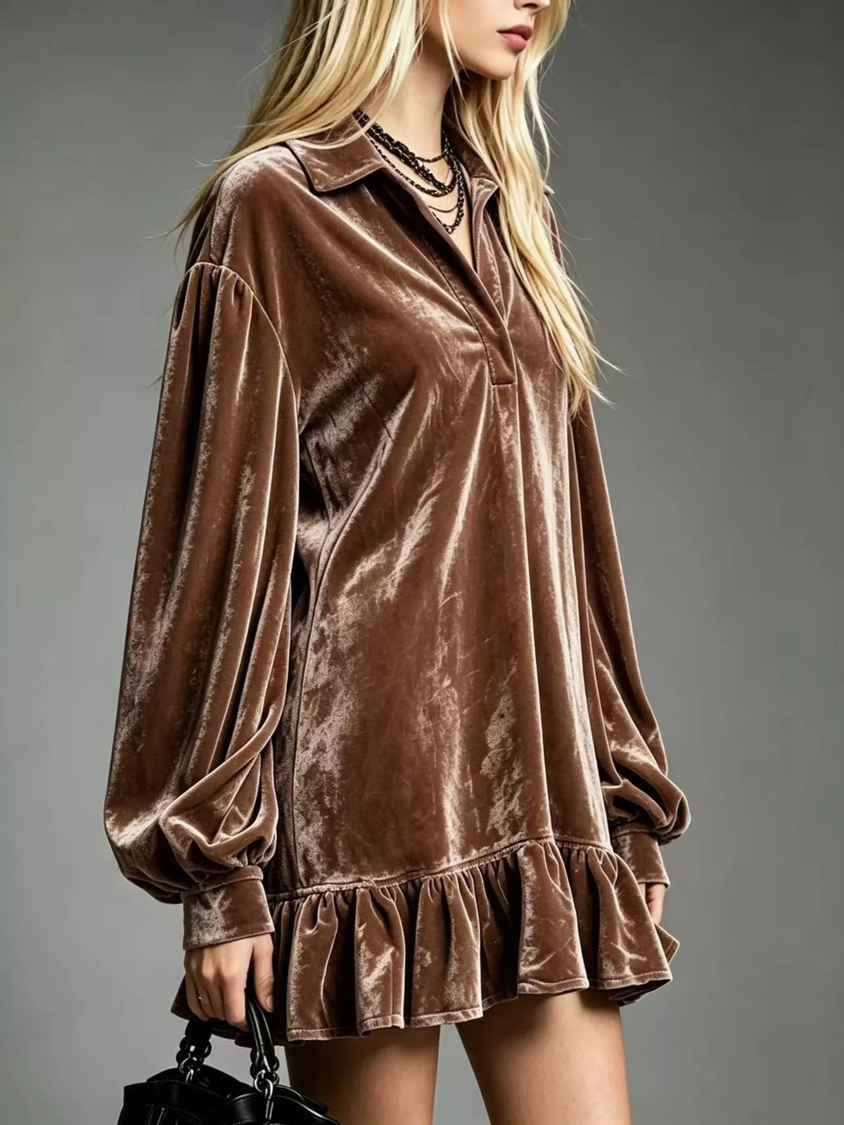 Full Size Velvet Ruffled Hem Long Sleeve Dress Plus (5)