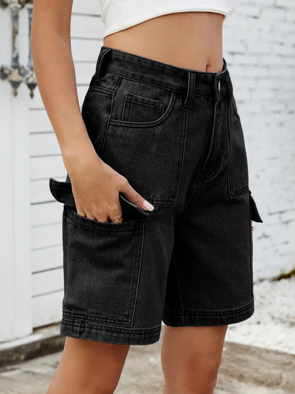 High Waist Denim Shorts Cargo Pockets (10)