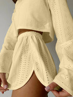 Eyelet Round Neck Top Shorts Set (21)