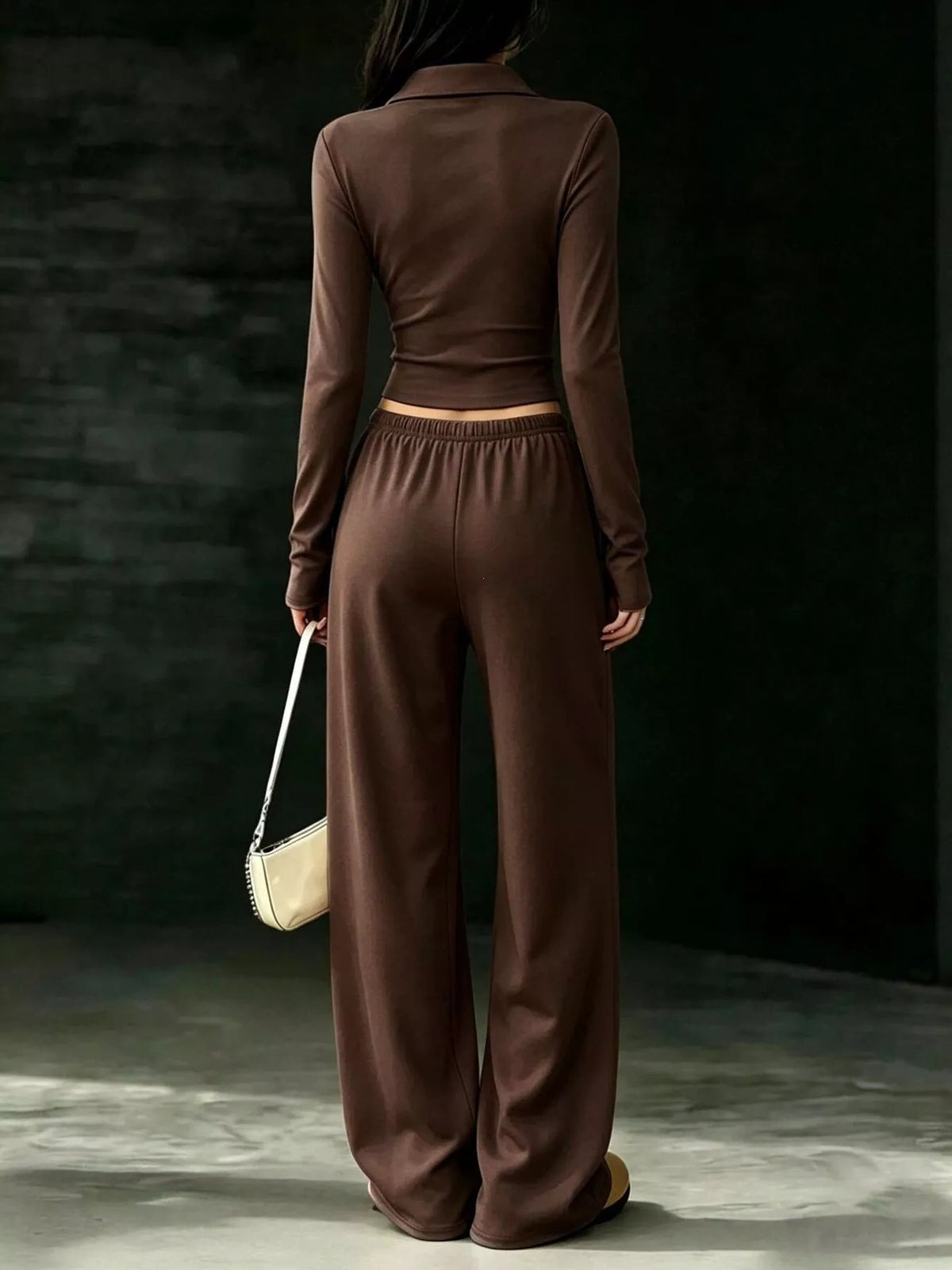 Solid Color Long Sleeve Polo Collar Top Wide Leg Pants Set (15)