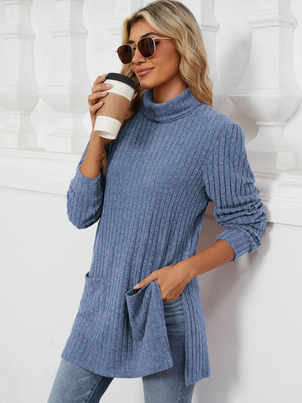 Slit Mock Neck Long Sleeve T-shirt