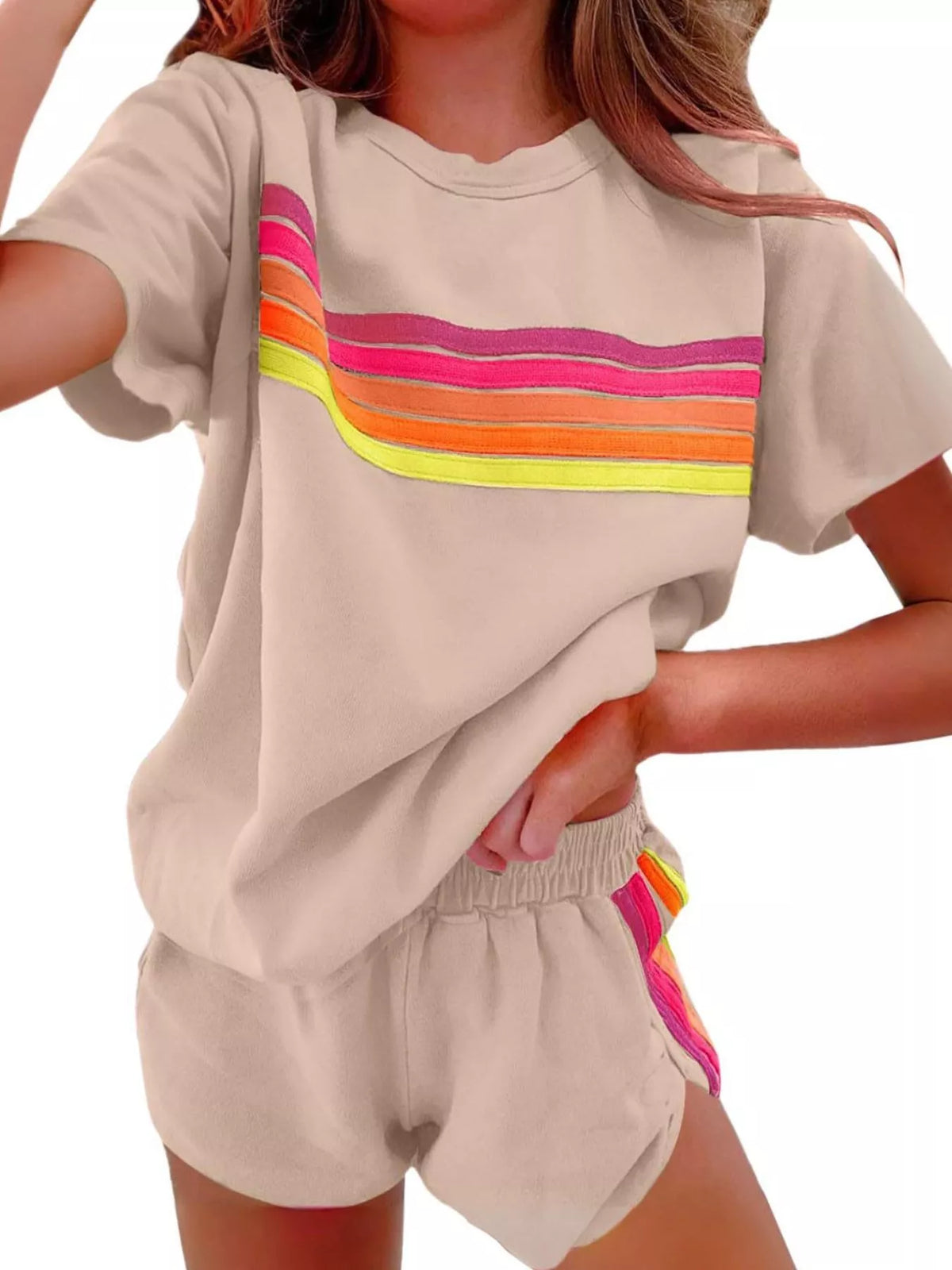 Rainbow Striped Round Neck Top Shorts Set (13)