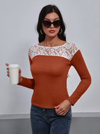 Lace Trim Long Sleeve Round Neck Tee (14)