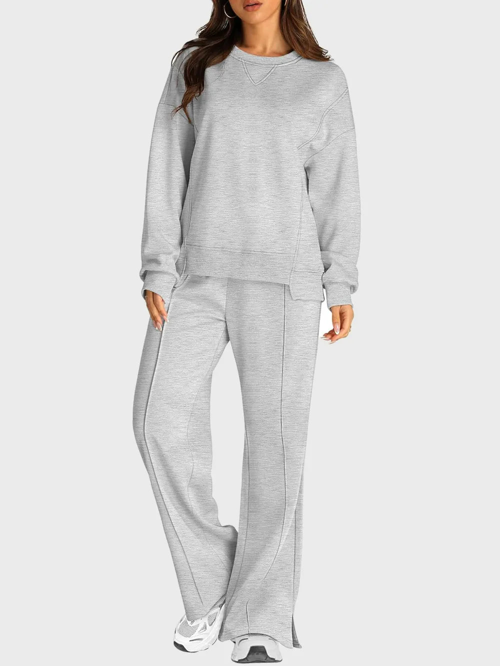 Round Neck Long Sleeve Top Slit Pants Set