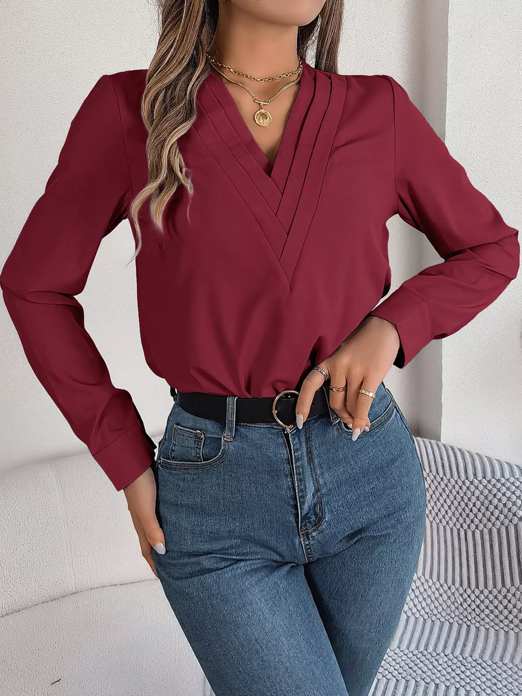 Layered V-neck Long Sleeve Blouse (29)