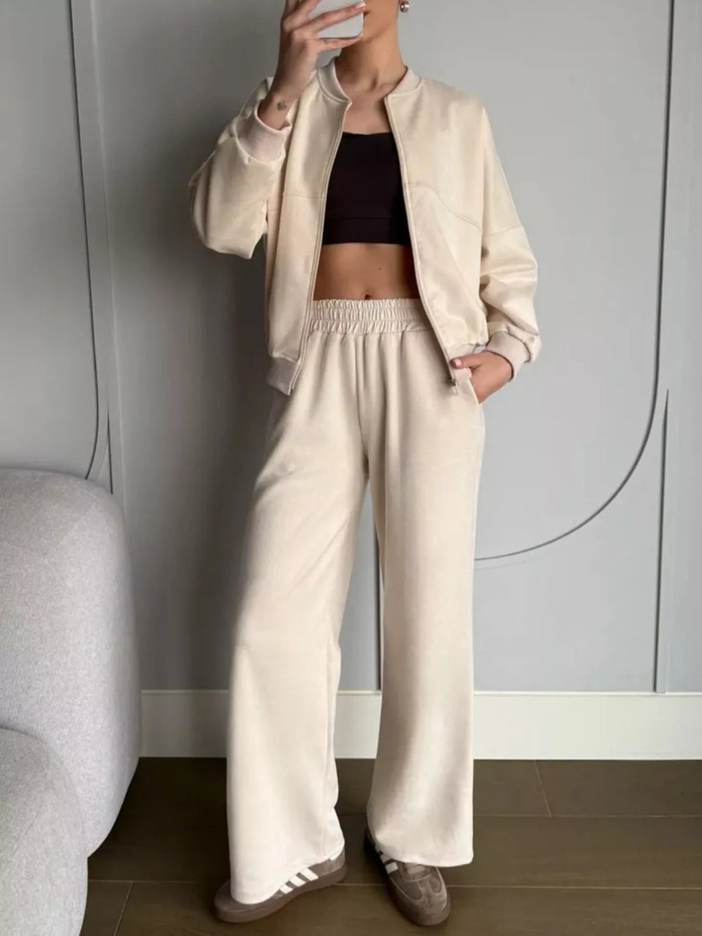 Zip Up Sweatshirt Wide-leg Pants Set (2)