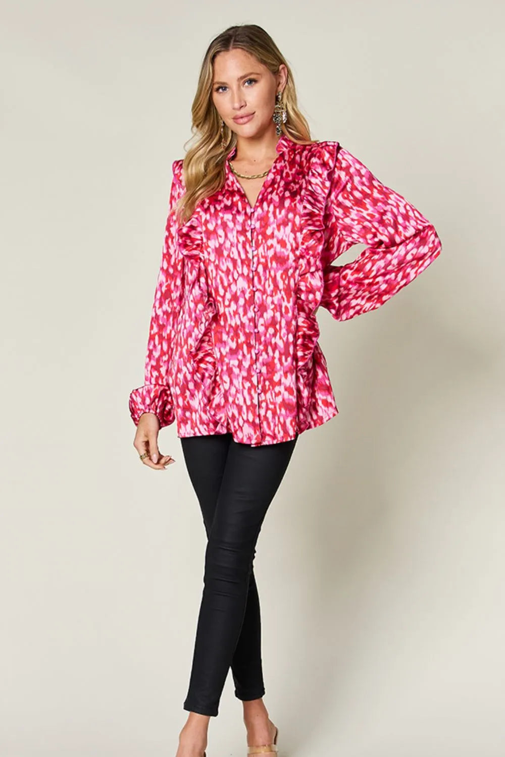 Full Size Printed Ruffle Trim Balloon Sleeve Shirt Plus (18)