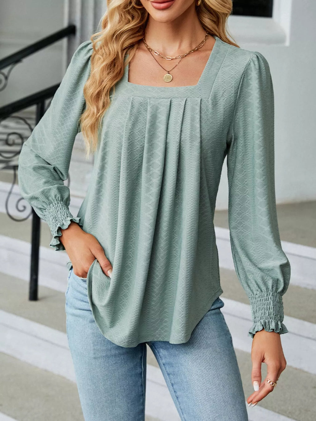 Pleated Square Neck Long Sleeve Top