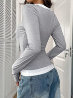 Scoop Neck Long Sleeve Fake Two-piece T-shirt (6)