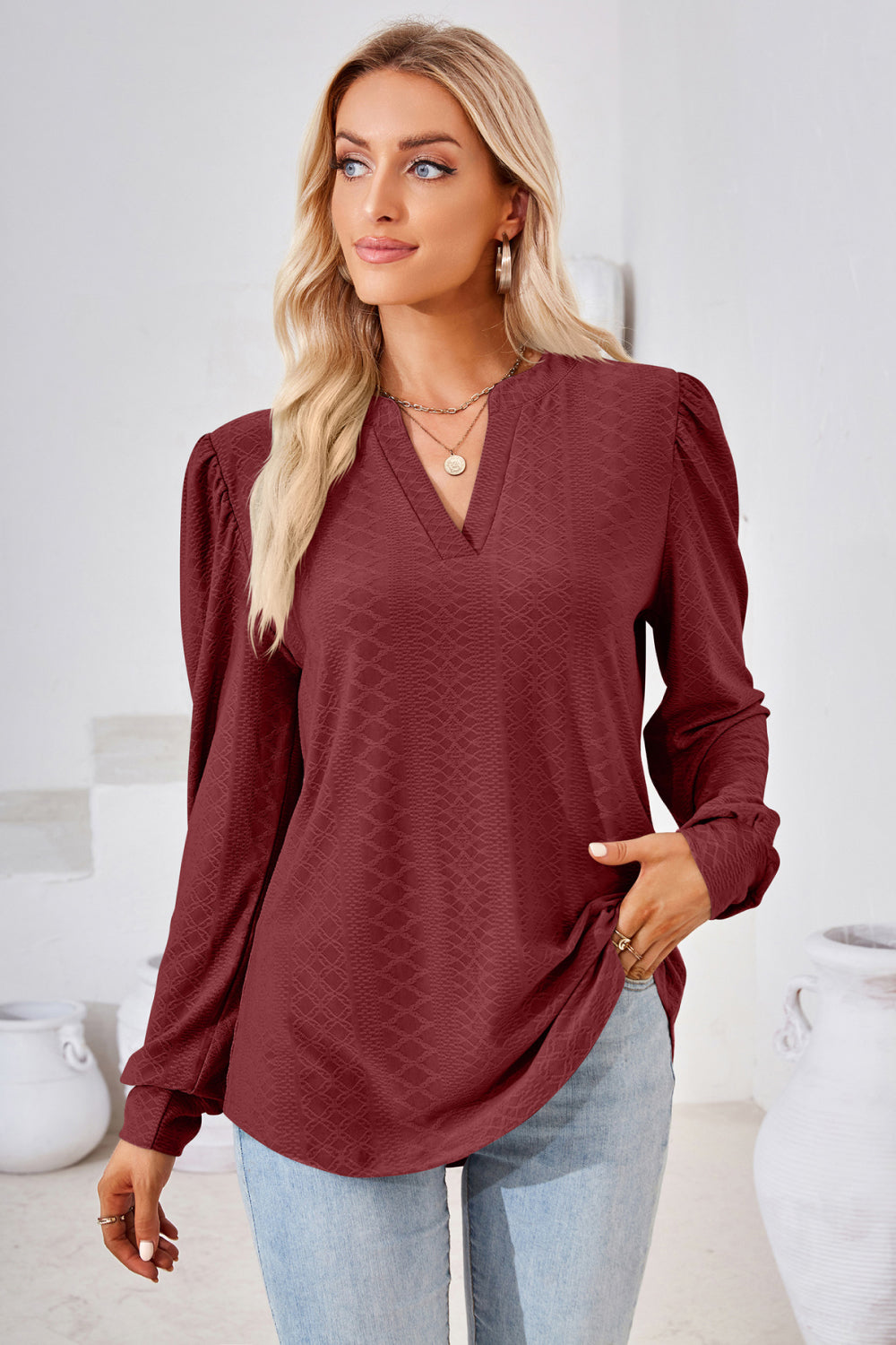 V-neck Puff Sleeve Blouse (15)