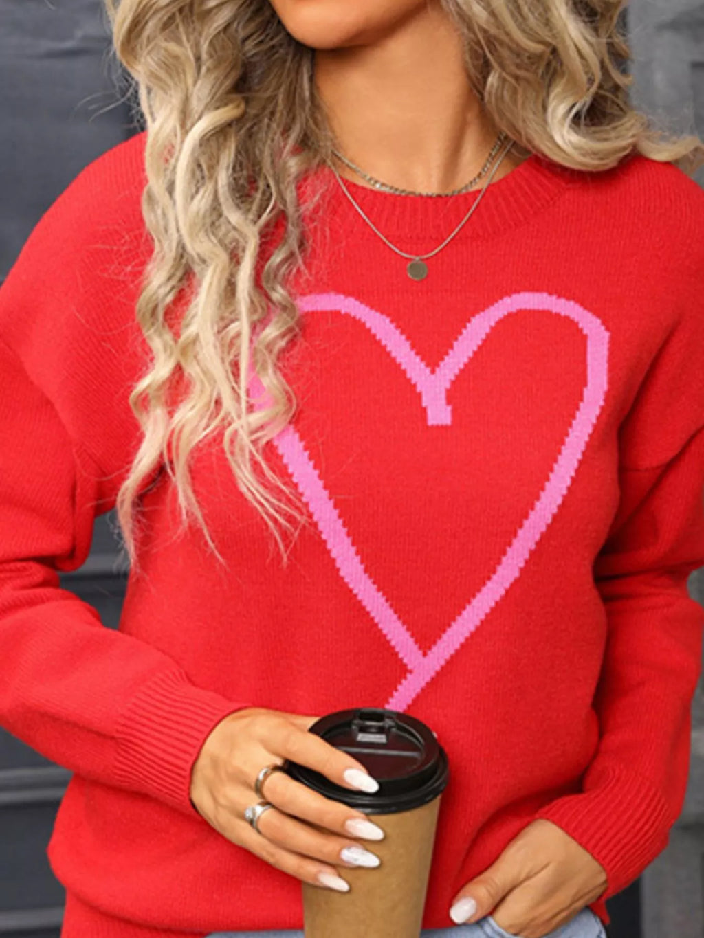 Valentine's Day Heart Graphic Dropped Shoulder Sweater (18)