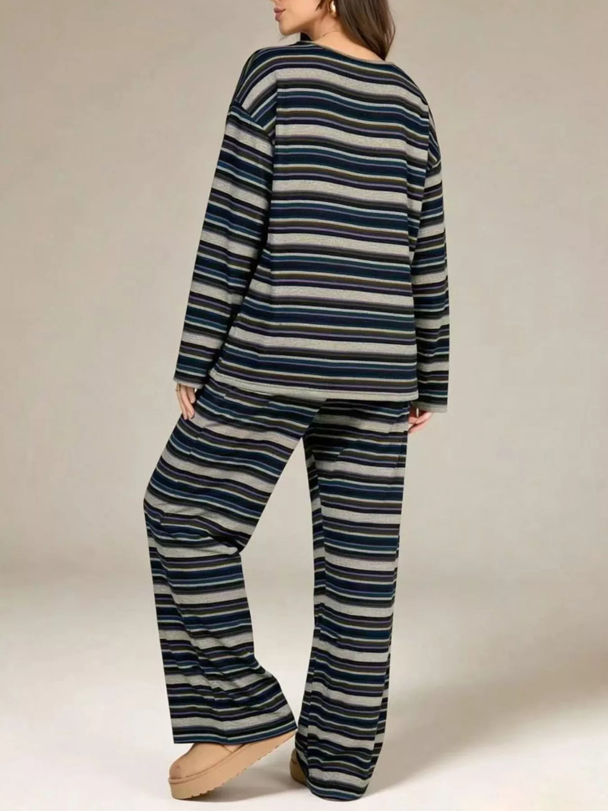 Striped Long-sleeve Top Wide-leg Pants Set (10)