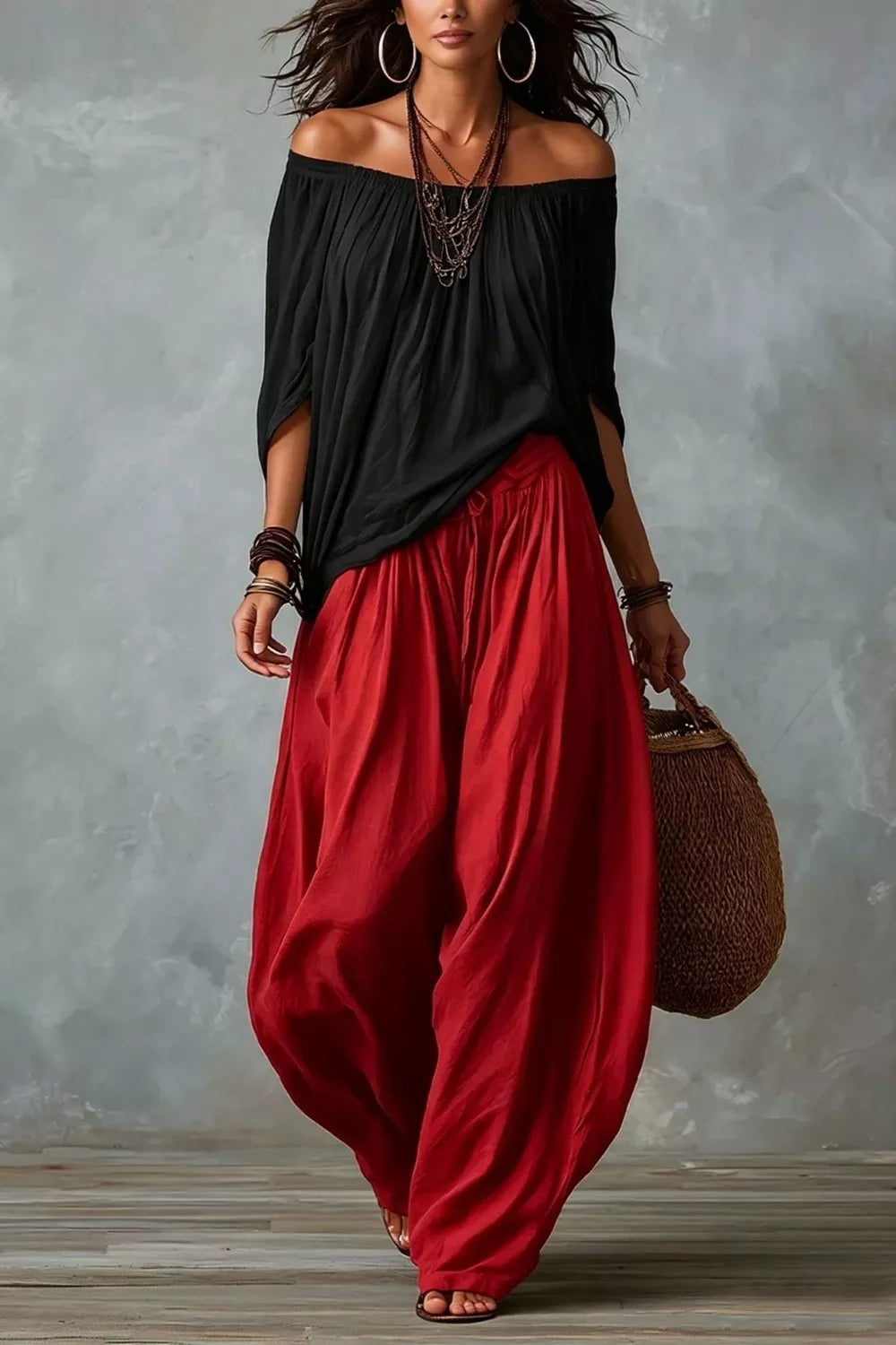 Full Size Off-shoulder Top Wide-leg Pants Set Plus