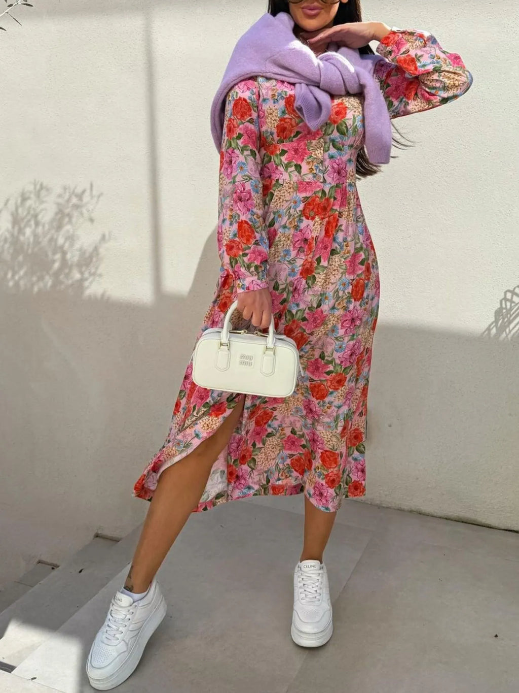 Floral Print Long Sleeve V-neck Dress (5)