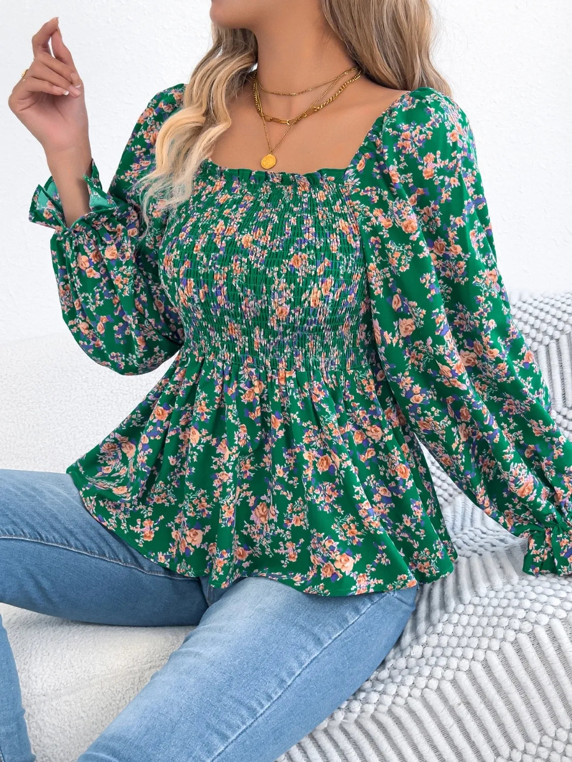 Floral Square Neck Flounce Sleeve Blouse (9)
