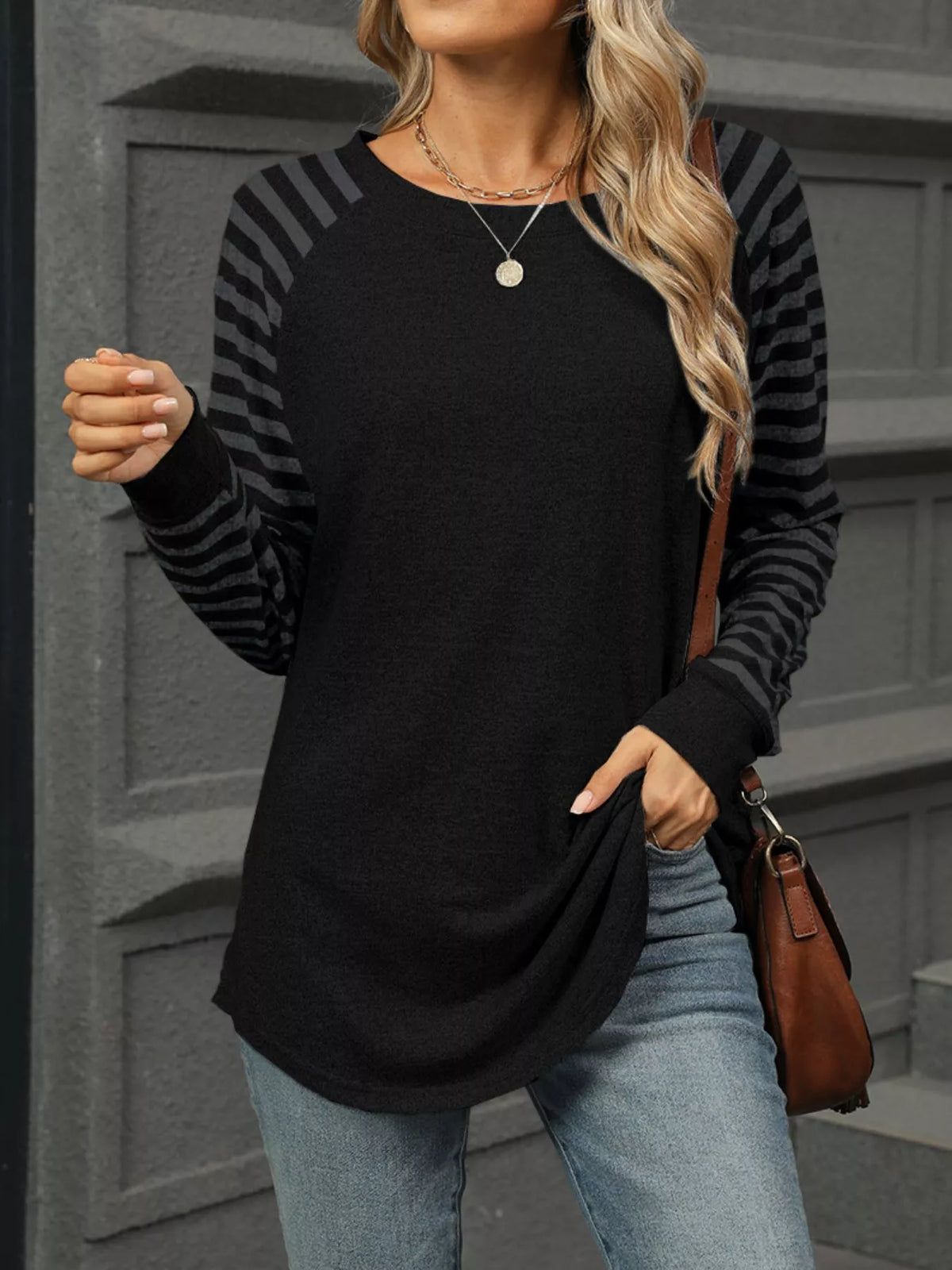 Striped Round Neck Raglan Sleeve T-shirt