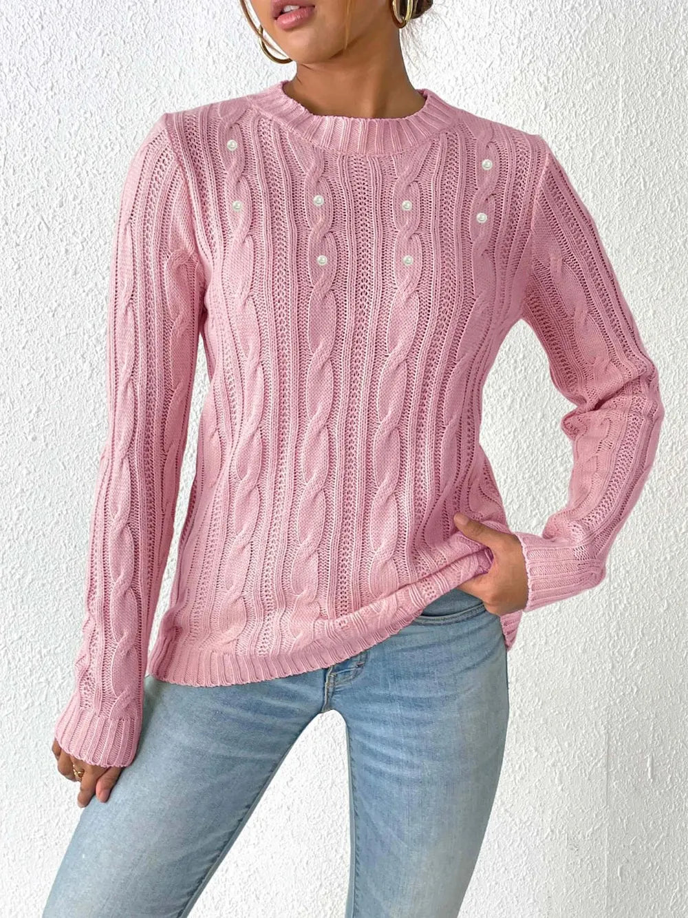 Cable-knit Round Neck Long Sleeve Sweater (6)