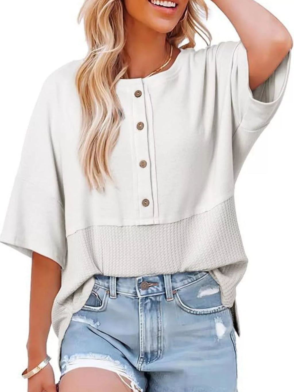 Button Detail Texture Knit T-shirt (10)
