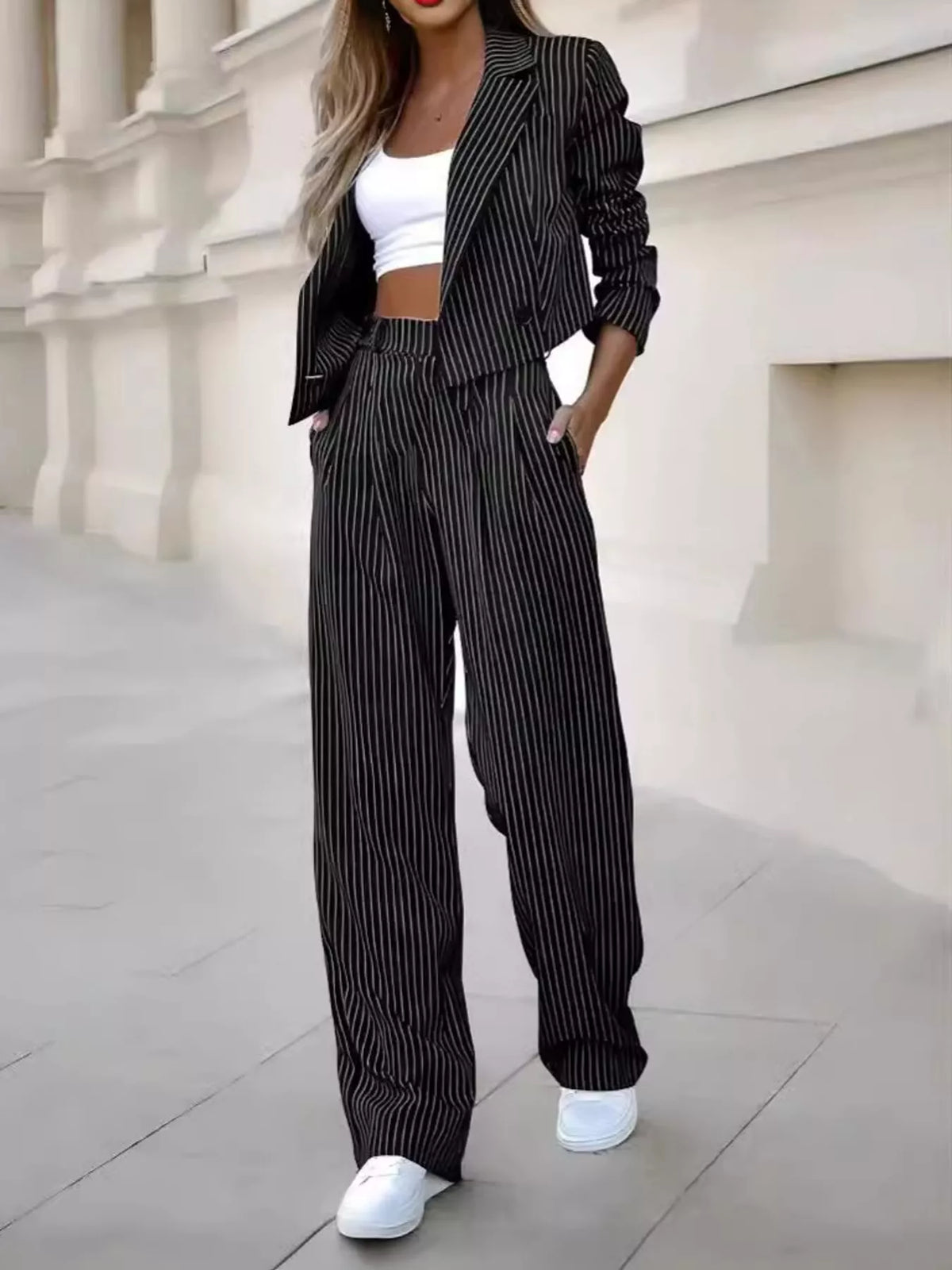 Striped Cropped Blazer Wide-leg Pants Two-piece Set (3)