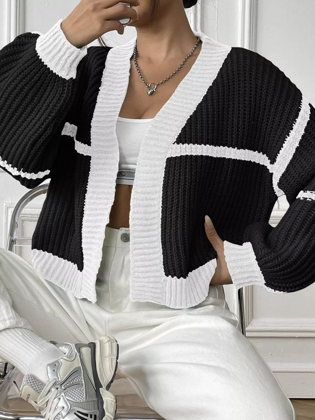 Color-block Ribbed Knit Open-front Cropped Cardigan (20)