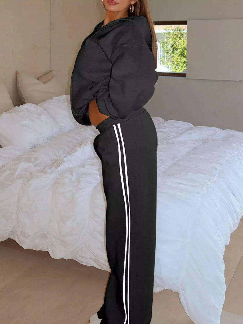 Zip Up Hoodie Striped Pants Set (5)