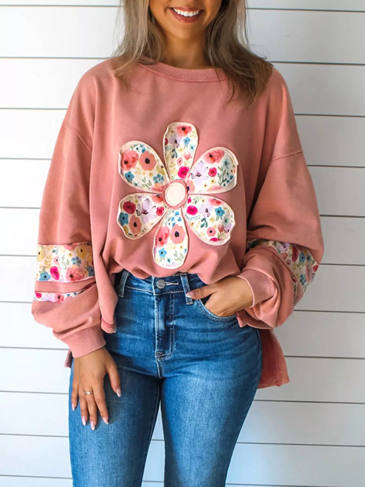 Plus Size Floral Applique Drop Shoulder Sweatshirt (4)