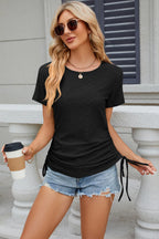 Eyelet Round Neck Short Sleeve T-shirt (18)