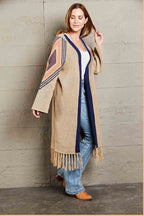 Geometric Fringe Hem Open Front Duster Cardigan (5)