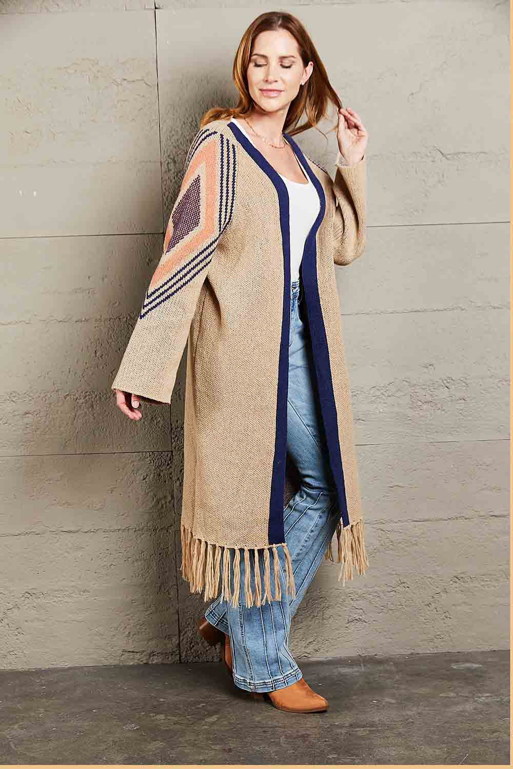 Geometric Fringe Hem Open Front Duster Cardigan (5)