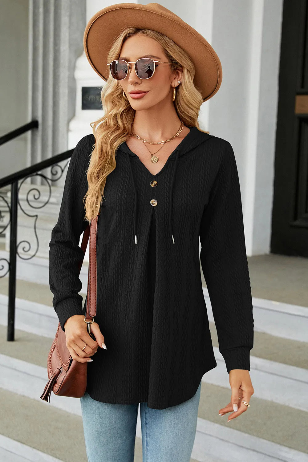 Decorative Button Drawstring Long Sleeve Hoodie (11)