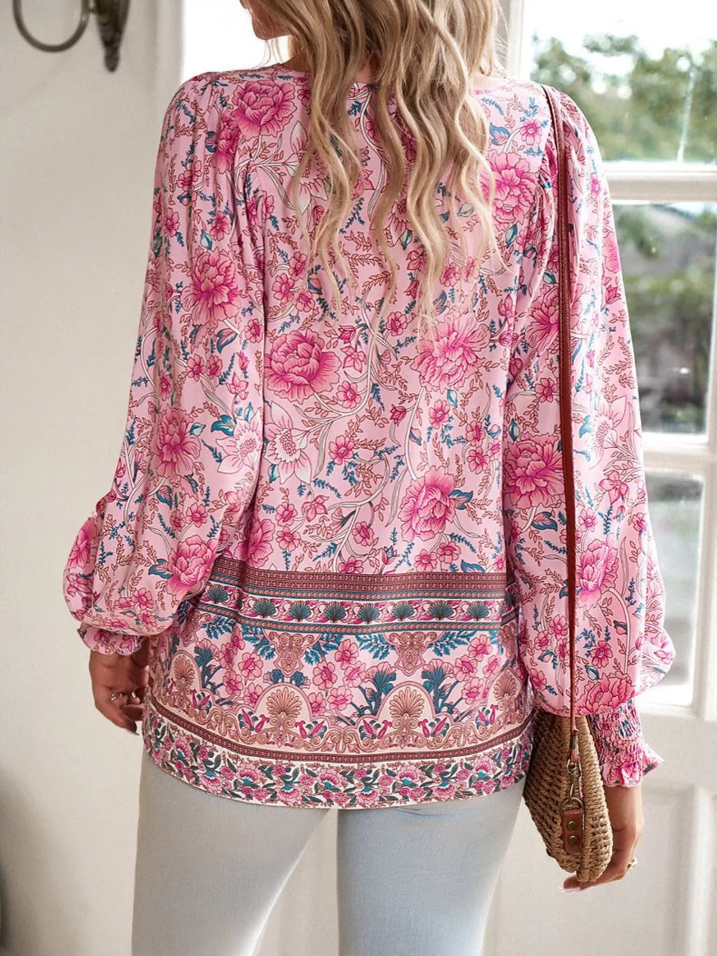 Floral Print Tie Neck Bohemian Blouse (2)