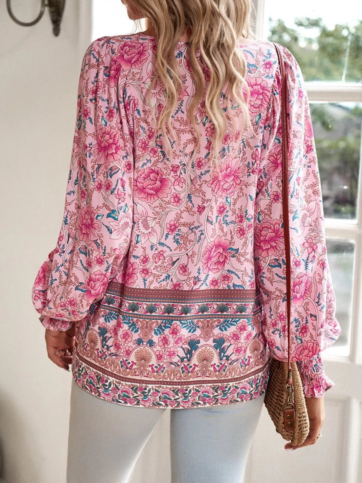 Floral Print Tie Neck Bohemian Blouse (2)