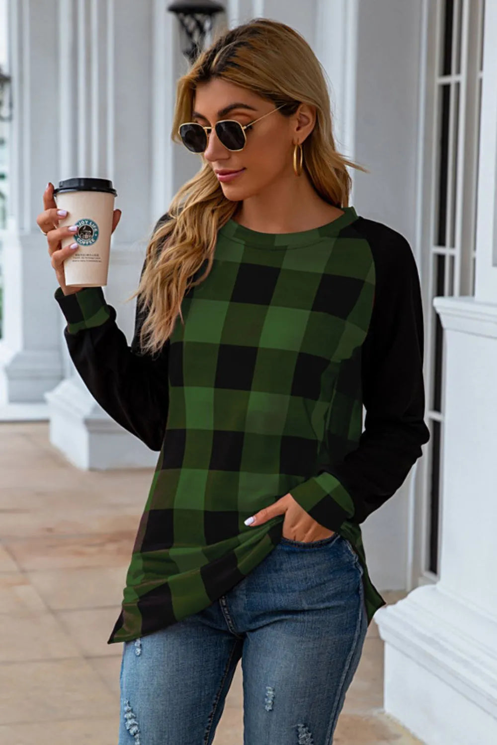 Plaid Round Neck Long Sleeve T-shirt (10)