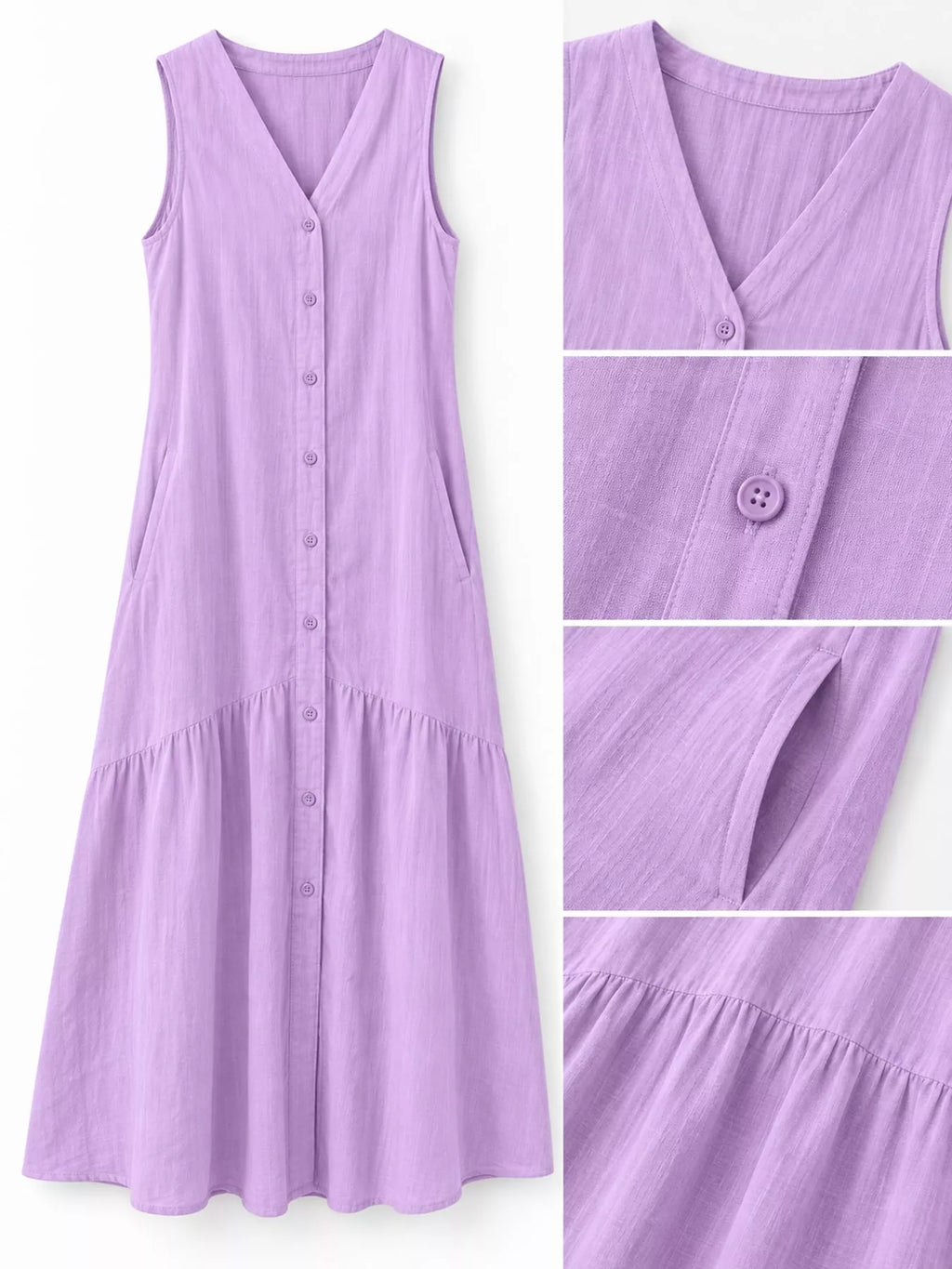 Full Size V-neck Button Front Sleeveless Midi Dress Plus (30)