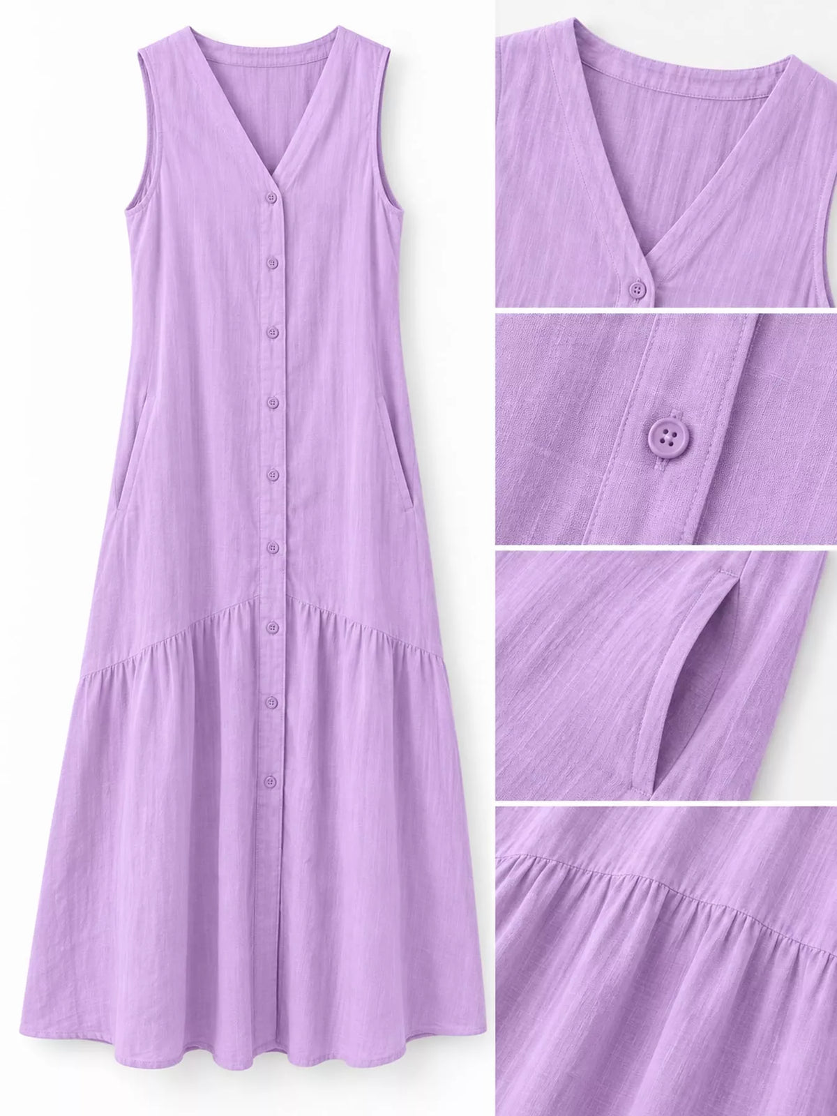 Full Size V-neck Button Front Sleeveless Midi Dress Plus (30)