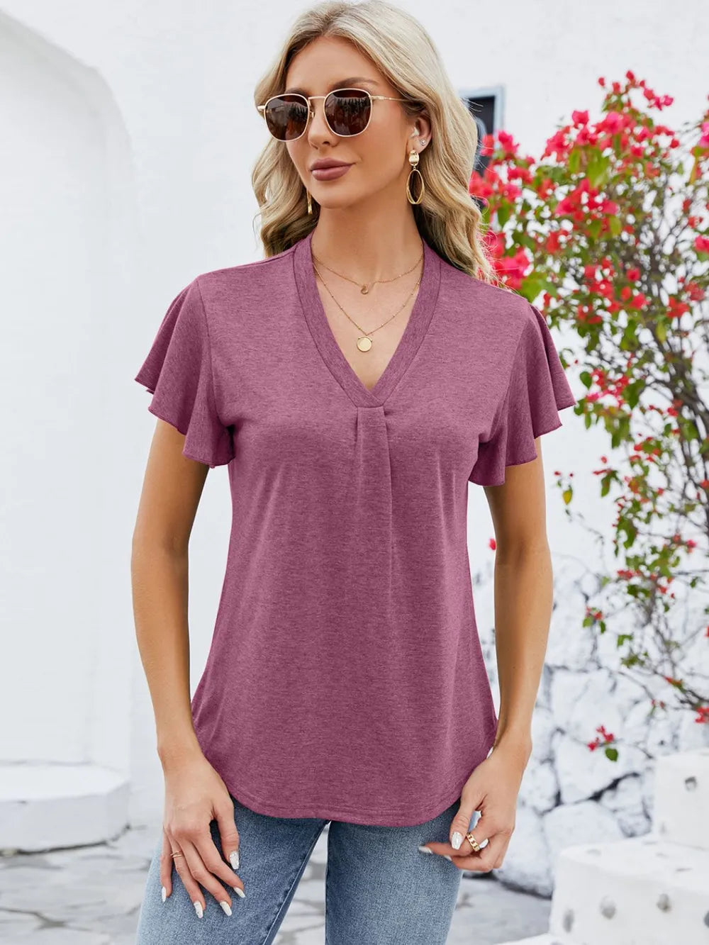 V-neck Flutter Sleeve T-shirt (20)
