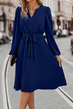 Tie Waist Notched Neck Long Sleeve Dress (7)