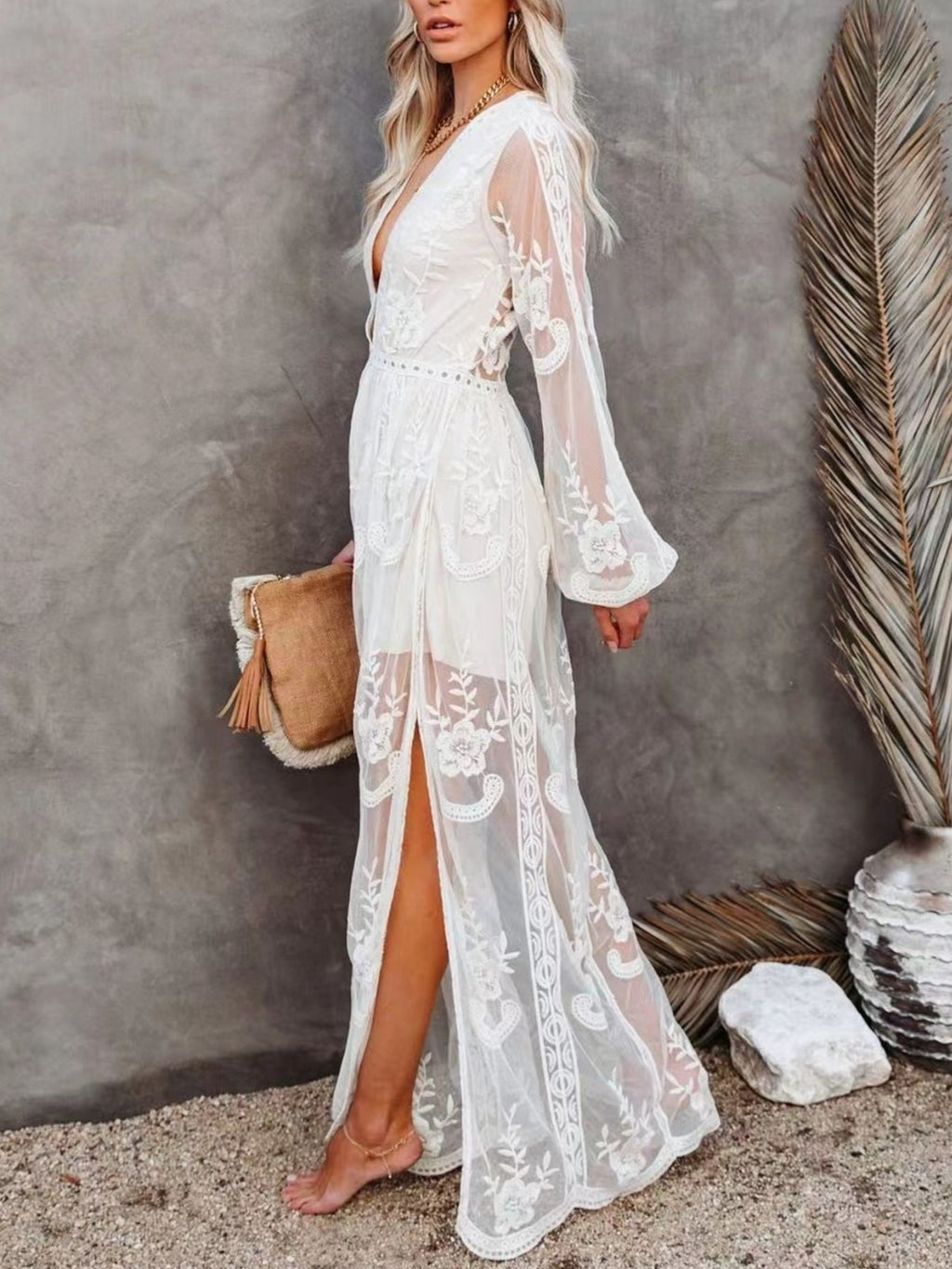 Floral Lace Slit Maxi Dress (3)