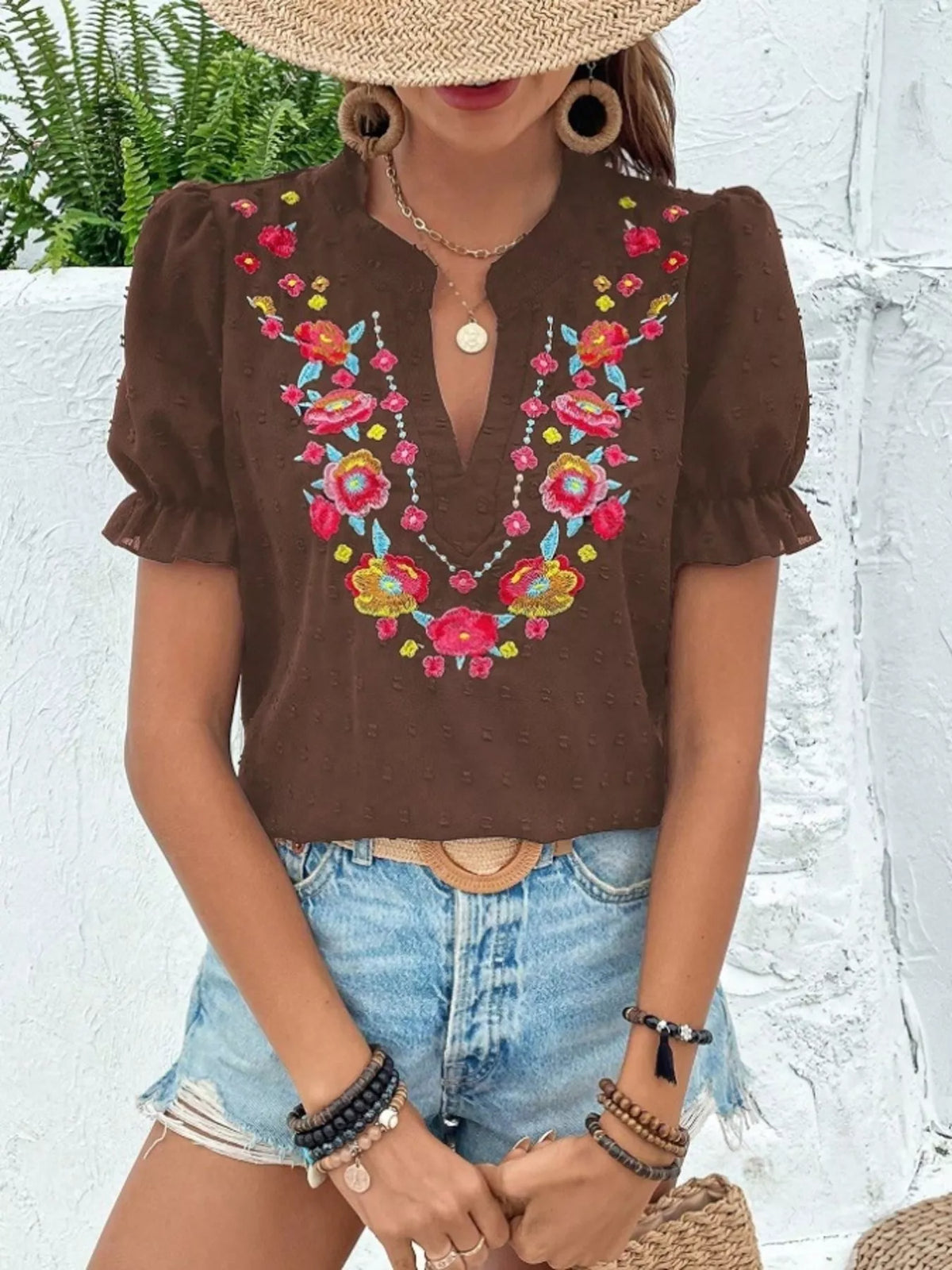 Floral Embroidered Puff Sleeve Blouse (15)